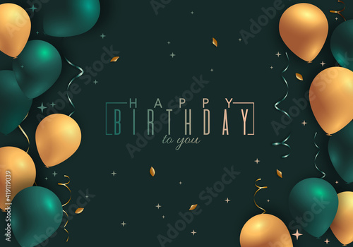 Happy Birthday congratulation card with green and gold balloons	