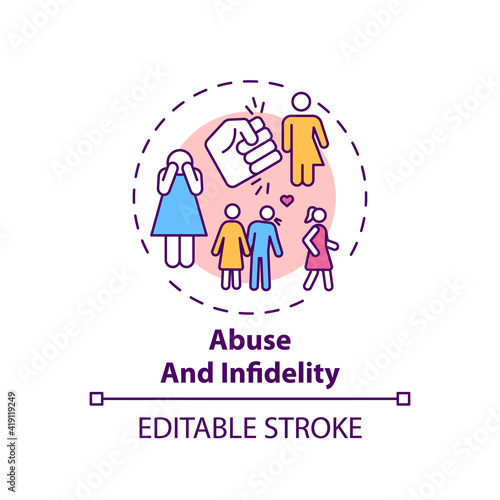 Abuse and infidelity concept icon. Online family therapy types. Fighting with toxic relationships idea thin line illustration. Vector isolated outline RGB color drawing. Editable stroke