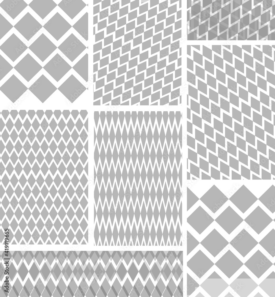 Abstract geometric background design set. Grey and white color ornaments vector colletion. Minimalist square and rhomb patterns vector design