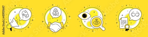 Family insurance, Sick man and Eye laser line icons set. Megaphone, licence and deal vector icons. Eyeglasses sign. Risk coverage, Epidemic protection, Optometry clinic. Optometry. Medical set. Vector