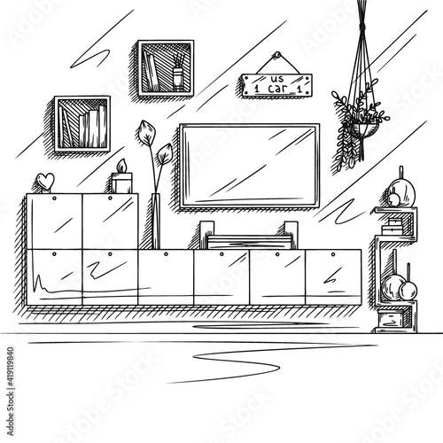 A sketch of a television room. TV furniture, other interior elements. Vector