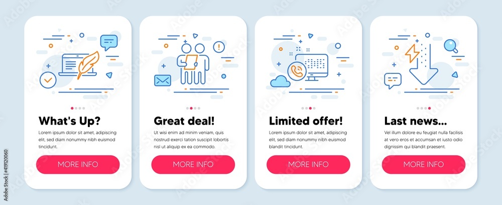 Set of Business icons, such as Web call, Copyright laptop, Survey symbols. Mobile screen app banners. Energy drops line icons. Phone support, Writer device, Contract. Power usage. Vector Set of Business icons, such as Web call, Copyright laptop, Survey symbols. Mobile screen app banners. Energy drops line icons. Phone support, Writer device, Contract. Power usage. Vector