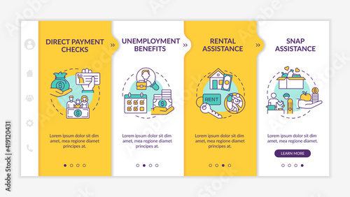 Enhanced unemployment benefits for jobless workers onboarding vector template. Helping people pay rent. Responsive mobile website with icons. Webpage walkthrough step screens. RGB color concept