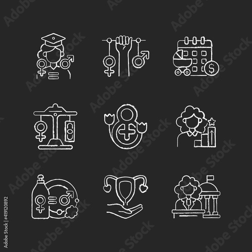 Feminism chalk white icons set on black background. Division of domestic labour. Equal education opportunities. Equal pay. Access to healthcare.Isolated vector chalkboard illustrations