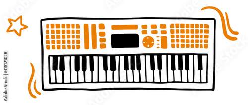 Electronic keyboard musical instrument synthesizer. Outline. Vector illustration. Modern electro piano. Pop, disco, dance, jazz equipment. Hand drawn sketch. Isolated white background