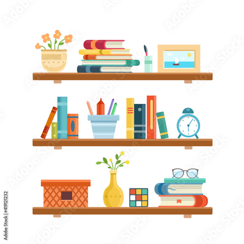 Bookshelf in library room, office shelf, wall, interior, bookshelf, vector background. Flat vector illustration isolated on white background.