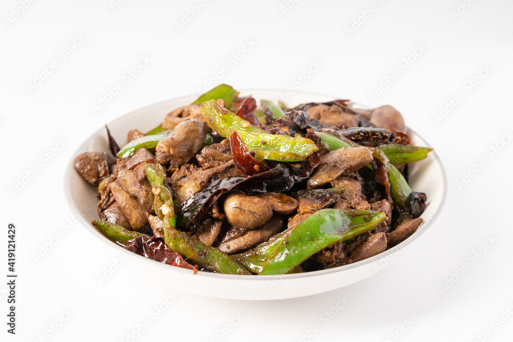 Stir-fried chicken liver and heart with chili peppers, a specialty of Northeast China