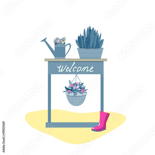 garden items on flower rack isolated on white background. Orangery or floristic store interior stuff, garden rack with potted flowers, watering can and pot with green plant.  flat vector illustration