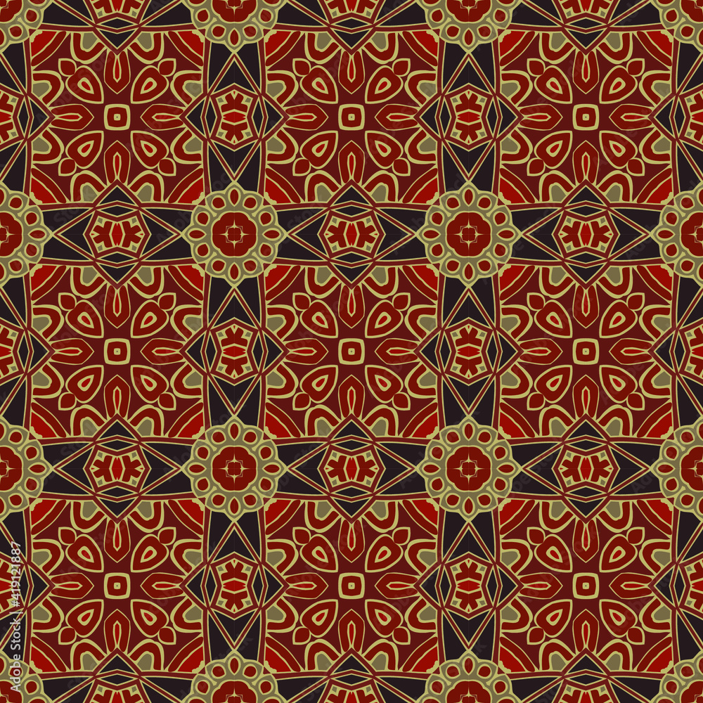 Trendy bright color seamless pattern in red gold gray black for decoration, paper, tiles, textiles, carpet, pillows. Home decor, interior design, cloth design.