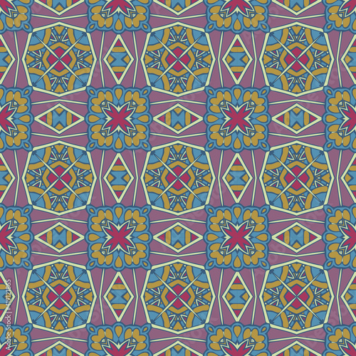 Trendy bright color seamless pattern in gray blue yellow pink violet for decoration, paper, tiles, textiles, carpet, pillows. Home decor, interior design, cloth design.