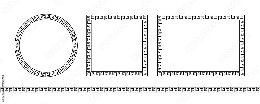 Set greek frame. Meander pattern collection border. Greek frame. Greece ornament. Grecian ancient style. Roman design. Geometric mediterranean decoration. Element antique symbol. Vector illustration