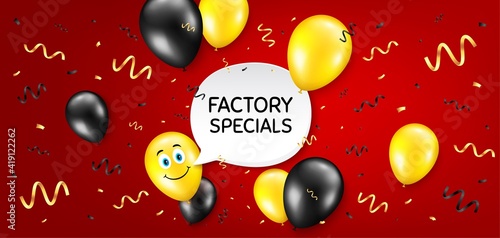 Factory specials. Balloon confetti vector background. Sale offer price sign. Advertising discounts symbol. Birthday balloon background. Factory specials message. Celebrate red banner. Vector