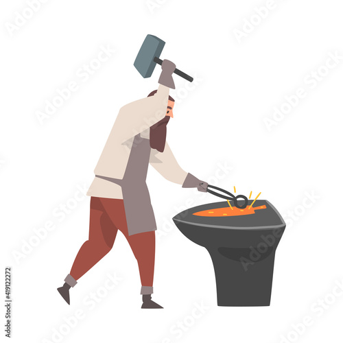 Bearded Blacksmith in Apron Forging Blade on the Anvil Vector Illustration