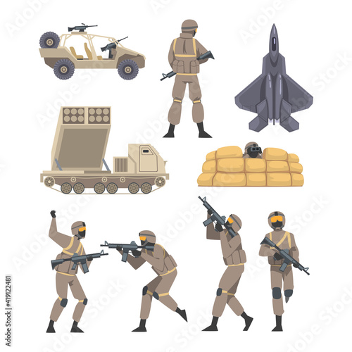 Military Special Armed Forces in Uniform and Armament Elements Vector Set