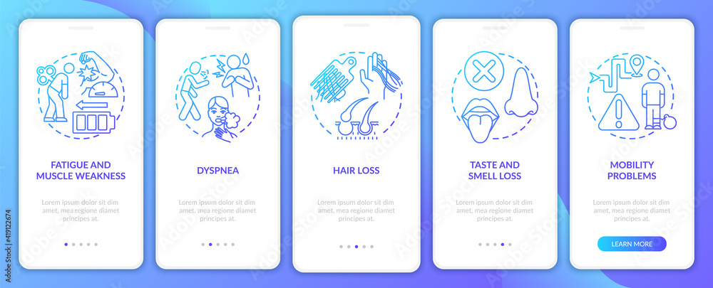 Post-covid syndrome onboarding mobile app page screen with concepts. Dyspnea and loss hair walkthrough 5 steps graphic instructions. UI vector template with RGB color illustrations