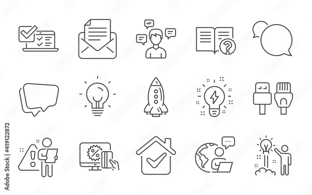 Online shopping, Messenger and Online survey line icons set. Mail correspondence, Energy and Inspiration signs. Help, Creative idea and Speech bubble symbols. Line icons set. Vector Online shopping, Messenger and Online survey line icons set. Mail correspondence, Energy and Inspiration signs. Help, Creative idea and Speech bubble symbols. Line icons set. Vector