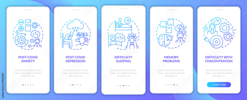 Post-covid syndrome and mental health onboarding mobile app page screen with concepts. Memory problems walkthrough 5 steps graphic instructions. UI vector template with RGB color illustrations Post-covid syndrome and mental health onboarding mobile app page screen with concepts. Memory problems walkthrough 5 steps graphic instructions. UI vector template with RGB color illustrations