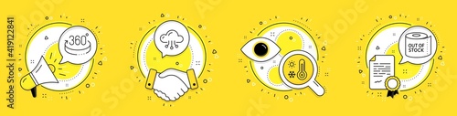 360 degrees, Cloud computing and Weather thermometer line icons set. Megaphone, licence and deal vector icons. Toilet paper sign. Full rotation, Online storage, Temperature. Tissue roll. Vector