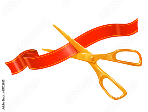 Golden scissors cutting red ribbon