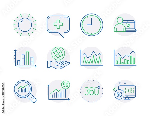 Science icons set. Included icon as Online education, 360 degrees, Sunny weather signs. Time, Investment, Data analysis symbols. Infochart, 5g statistics, Medical chat. Safe planet. Vector