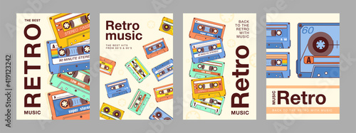 Old style brochure designs with audio tapes. Bright promotion invitations for music shop or store. Retro music and audio equipment concept. Promotional template for advertising leaflet or flyer
