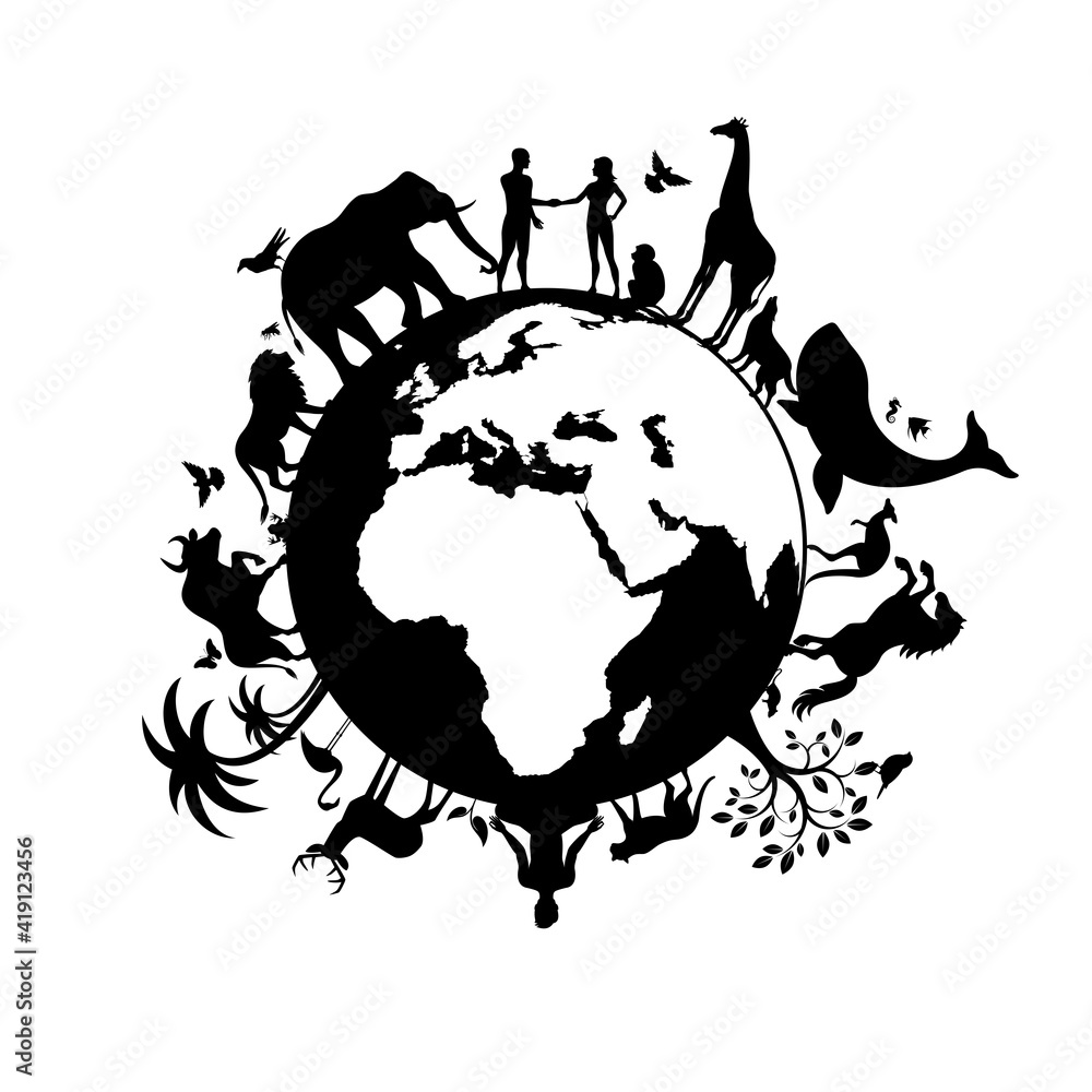 Planet Earth with people and animals black silhouette vector. Wild animals silhouette. Earth with fauna and flora icon vector. Animals and people together on planet earth vector. Environmental concept Planet Earth with people and animals black silhouette vector. Wild animals silhouette. Earth with fauna and flora icon vector. Animals and people together on planet earth vector. Environmental concept