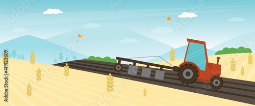 Agriculture farm banner. Tractor cultivating field at spring vector illustration.