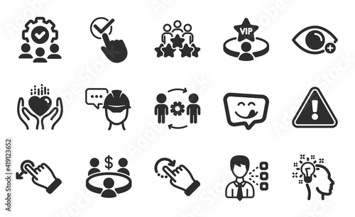 Farsightedness  Teamwork and Third party icons simple set. Foreman  Idea and Rotation gesture signs. Engineering team  Hold heart and Checkbox symbols. Meeting  Vip table and Drag drop. Vector