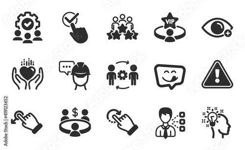 Farsightedness, Teamwork and Third party icons simple set. Foreman, Idea and Rotation gesture signs. Engineering team, Hold heart and Checkbox symbols. Meeting, Vip table and Drag drop. Vector