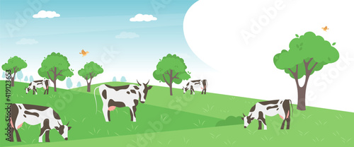 Cows farming on green meadow agricultural business concept.