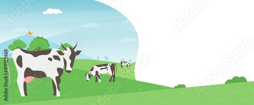 Cows farming on green meadow agricultural business concept.