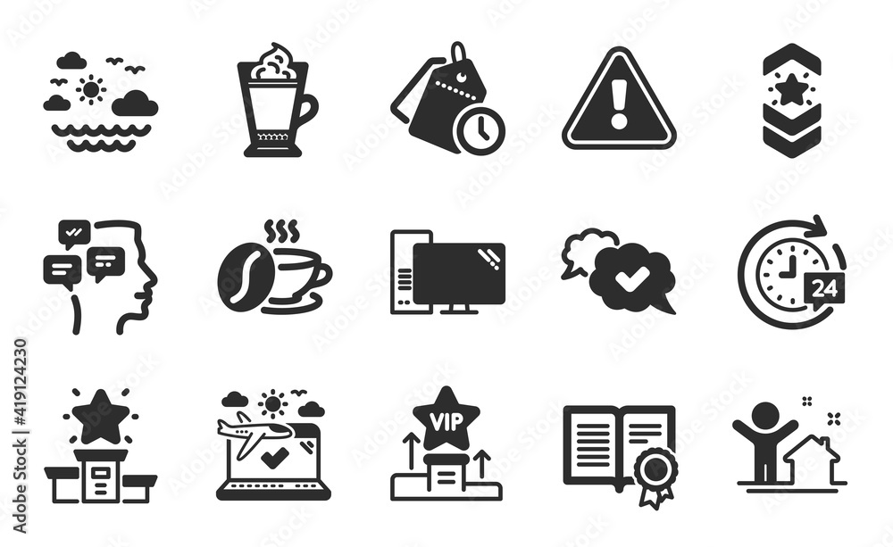 Winner podium, Computer and Time management icons simple set. Latte coffee, Travel sea and 24h delivery signs. Shoulder strap, New house and Approved symbols. Flat icons set. Vector Winner podium, Computer and Time management icons simple set. Latte coffee, Travel sea and 24h delivery signs. Shoulder strap, New house and Approved symbols. Flat icons set. Vector