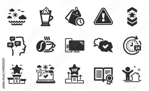 Winner podium, Computer and Time management icons simple set. Latte coffee, Travel sea and 24h delivery signs. Shoulder strap, New house and Approved symbols. Flat icons set. Vector
