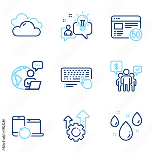 Science icons set. Included icon as Seo gear, Computer keyboard, Cloudy weather signs. Rainy weather, Teamwork, Recovery devices symbols. 5g internet, Idea line icons. Cogwheel, Pc device. Vector