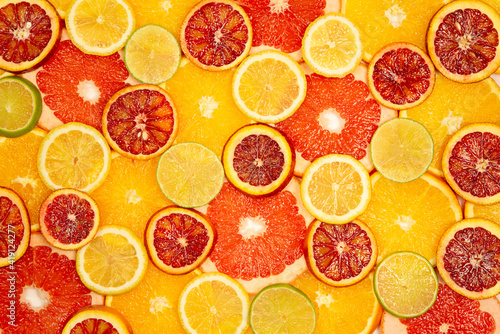 Citrus fruits closeup lemon, orange, lime, grapefruit.