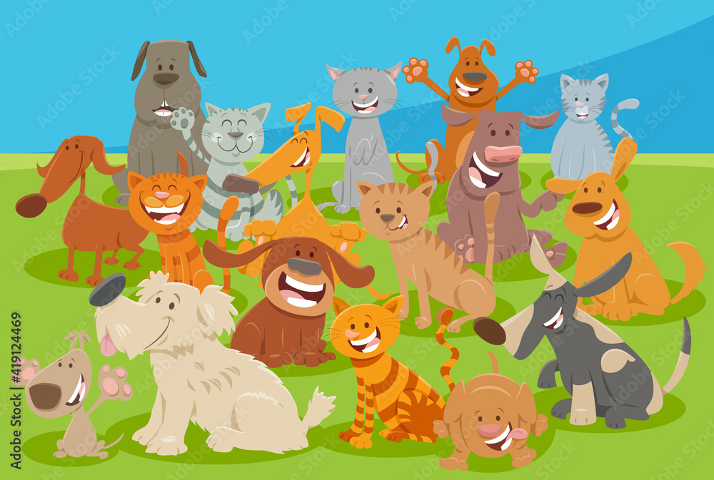 Naklejka premium cartoon dogs and cats comic animal characters group