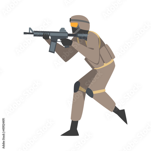 Man as Military Special Armed Force in Uniform and Rifle Aiming Vector Illustration
