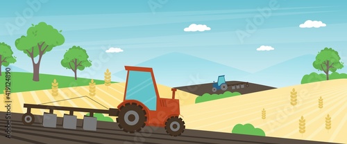 Agriculture farm banner. Tractor cultivating field at spring vector illustration.