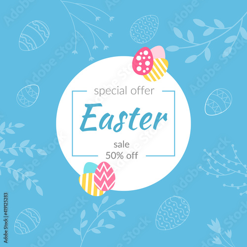 Easter big hunt or sale banner. Easter background template with beautiful flowers, leaves,twigsand and colorful eggs. Vector illustration. Spring minimalistic background. photo