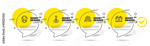 Global business, Business meeting and Hiring employees line icons set. Timeline infograph speech bubbles. Hand sanitizer sign. Outsourcing, Rating star, Human resources. Hygiene care. Vector