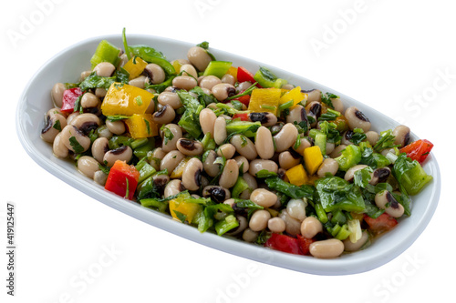 Dry Cowpea Salad appetizer isolated on a white background. Healthy vegan food. Local name börülce salatası