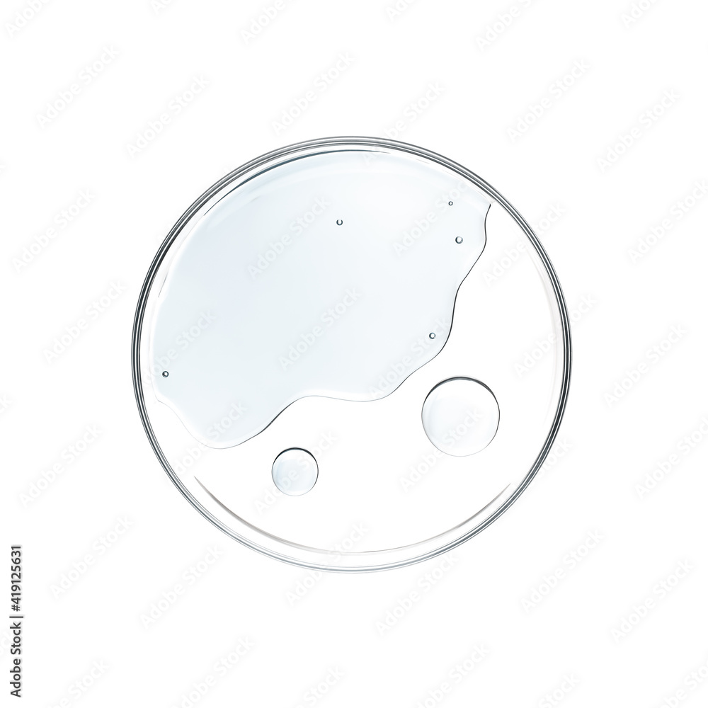 Liquid in petri dish over white background - flat lay Liquid in petri dish over white background - flat lay