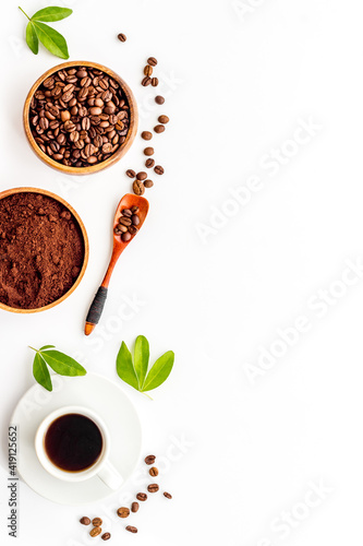 Black coffee espresso with coffee beans, top view