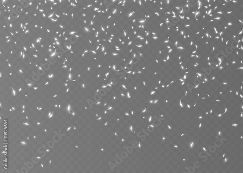 Falling silver confetti, shiny tinsel, and pieces of serpentine, abstract party background. Christmas decoration isolated on dark transparent backdrop. Realistic vector illustration.