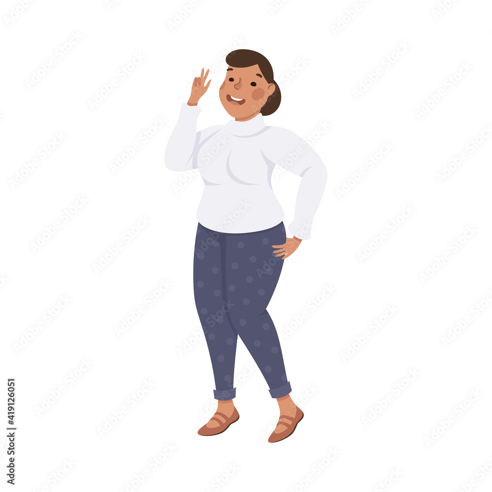 Plus Size Brunette Woman Standing and Smiling Vector Illustration