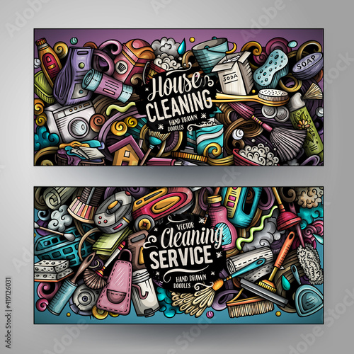 Cartoon cute colorful vector doodles Cleaning banners