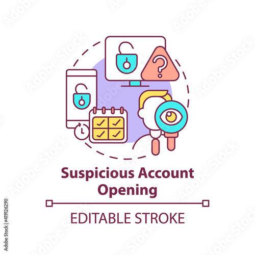 Suspicious account opening concept icon.Theft and scammers idea thin line illustration. Unprotected transactions in cash. Vector isolated outline RGB color drawing. Editable stroke