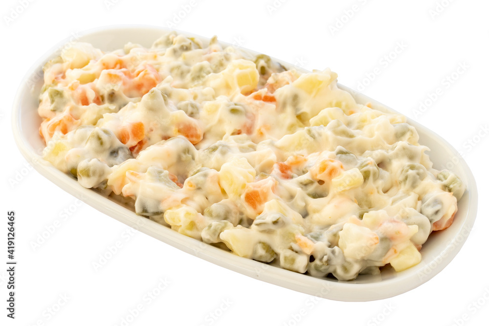 Russian salad appetizer (mezze) isolated on a white background. Healthy vegan food. Local name rus salatası Russian salad appetizer (mezze) isolated on a white background. Healthy vegan food. Local name rus salatası