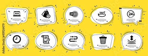 Technology icons set. Speech bubble offer banners. Yellow coupon badge. Included icon as Full rotation, Methodology, Trash bin signs. Report, 24 hours, Resilience symbols. Vector
