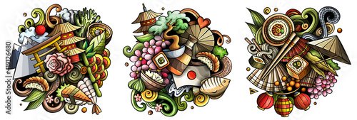 Japan cartoon vector doodle designs set.